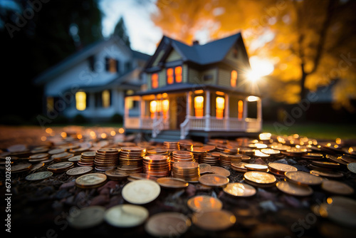 Illuminated model house at sunset surrounded by coin stacks, symbolizing investment, homeownership, and real estate finance. photo