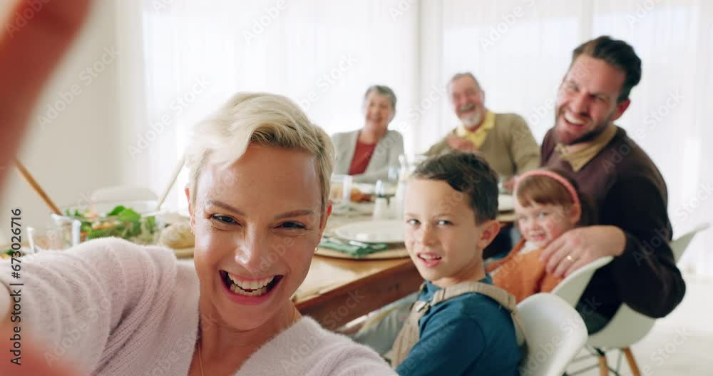 Selfie, family face and dinner with kids, parents and grandparents together with fun. Dining room, portrait and bonding with children, mother and dad at thanksgiving with picture for social media Selfie, family face and dinner with kids, parents and grandparents together with fun. Dining room, portrait and bonding with children, mother and dad at thanksgiving with picture for social media