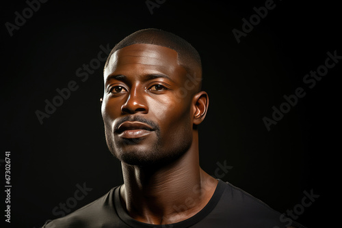 Captivating studio portrait of a confident African American man with smooth skin and a strong, serious expression against a dark background.