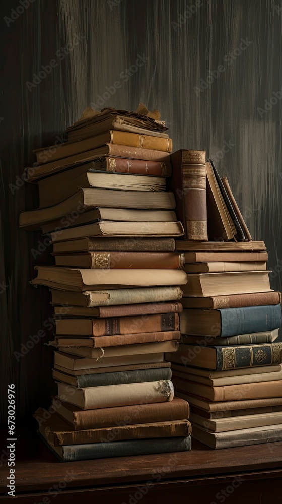 AI generated illustration of a rustic wooden table filled with a collection of vintage books AI generated illustration of a rustic wooden table filled with a collection of vintage books