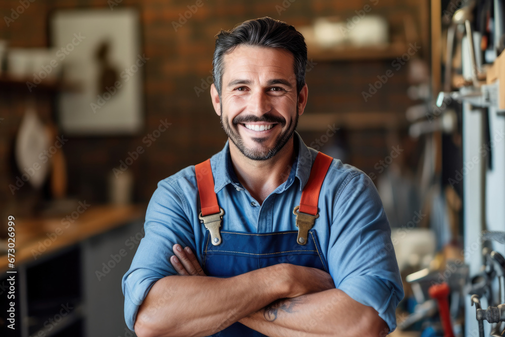 Proud and smiling plumber,  a portrait of a handyman - obrazy, fototapety, plakaty 