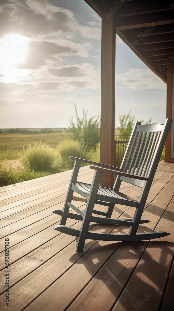 AI generated illustration of a classic wooden rocking chair on the porch of a rustic log home AI generated illustration of a classic wooden rocking chair on the porch of a rustic log home