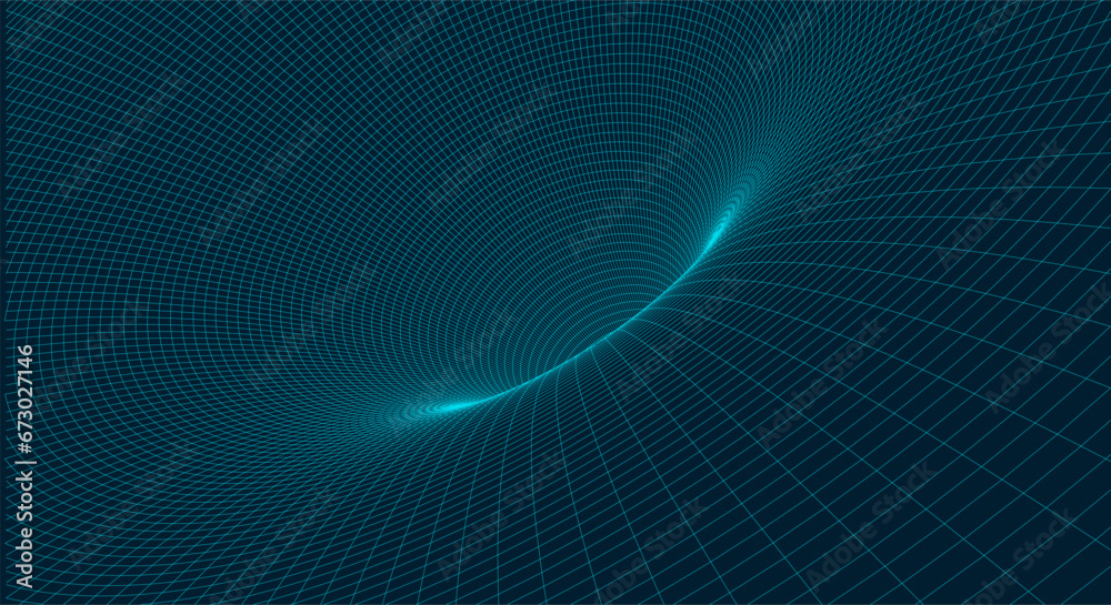 Vector abstract technology wireframe background. 3D tunnel grid.