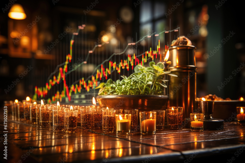 A cozy setting with lit candles, a plant, and warm lighting, overlaid with a glowing stock market candlestick chart, symbolizing investment strategies.