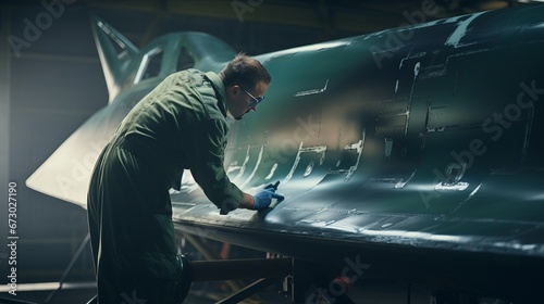 Employees working on the painting and finishing maintenance and mechanical work of a newly constructed fighter plane.Background photo