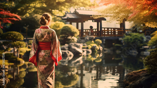 Asian woman in vibrant kimono strolls Japanese garden.