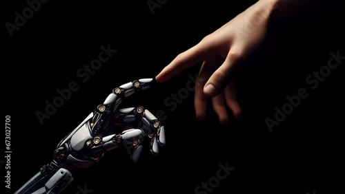 A robot hand and a human hand touching in friendly gesture on a black background animation.