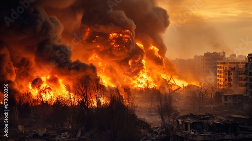 City Airstrike Leaves Houses in Flames: Devastation and Ruin Grip Metropolis