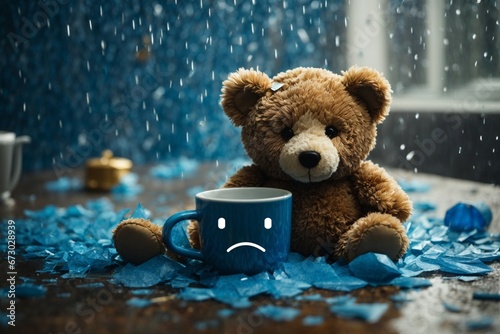 Blue Monday with Paper Rain, Sad teddy bear and mug coffee cries. photo