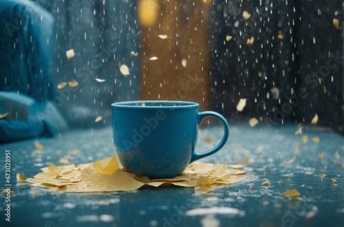 Blue Monday with Paper Rain and mug coffee cries. photo