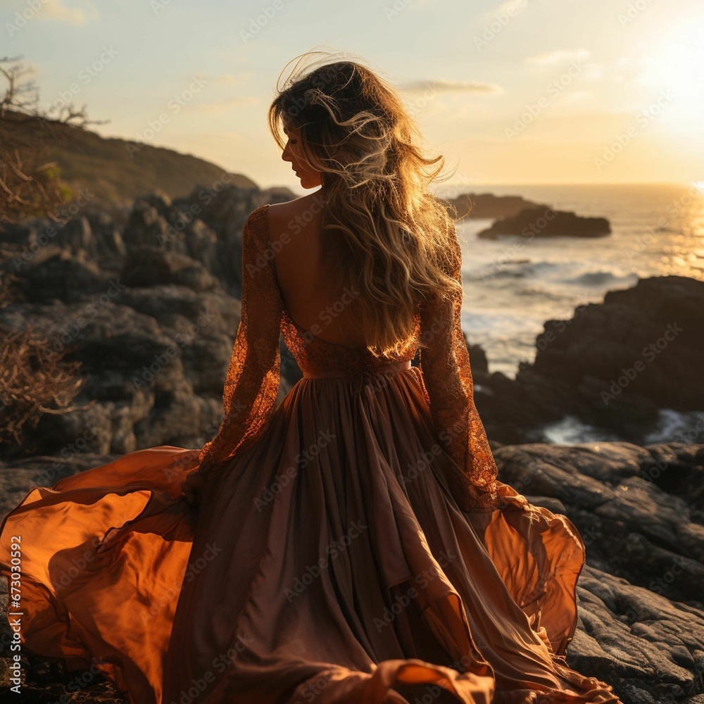Female wearing an orange dress on the edge of a cliff overlooking an ocean view. Ai generated Female wearing an orange dress on the edge of a cliff overlooking an ocean view. Ai generated