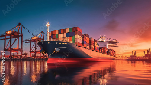 Container ship at import-export dock with quay crane. generative ai