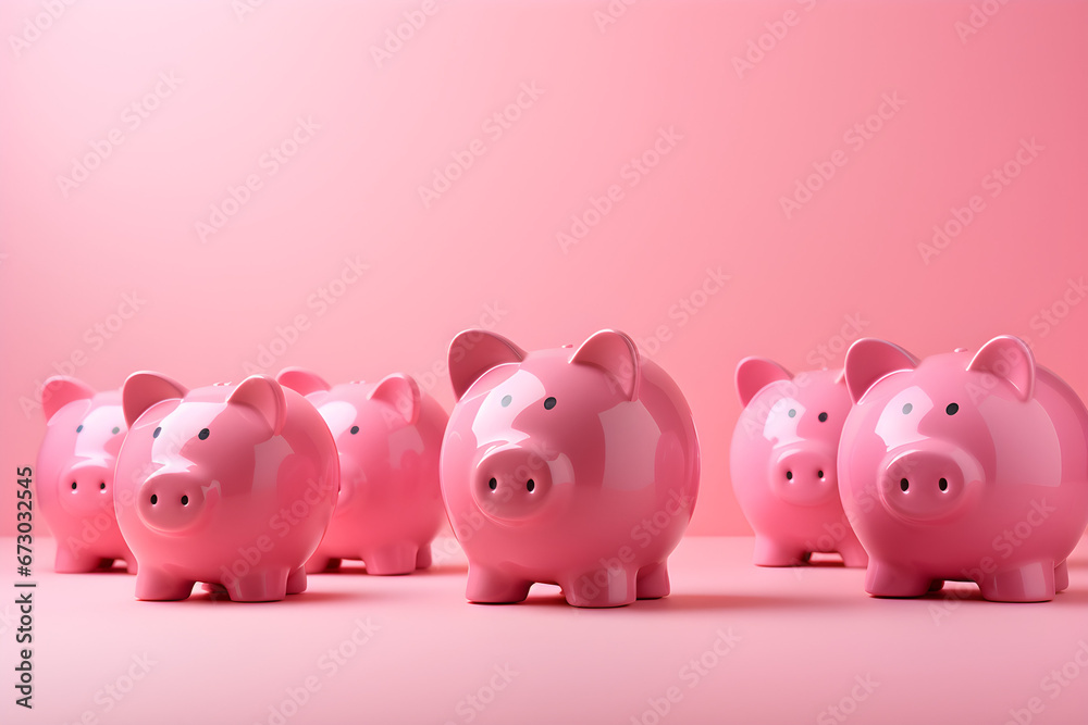 An illustration of personal savings and financial investment, an array of pink piggy banks on a pink background,