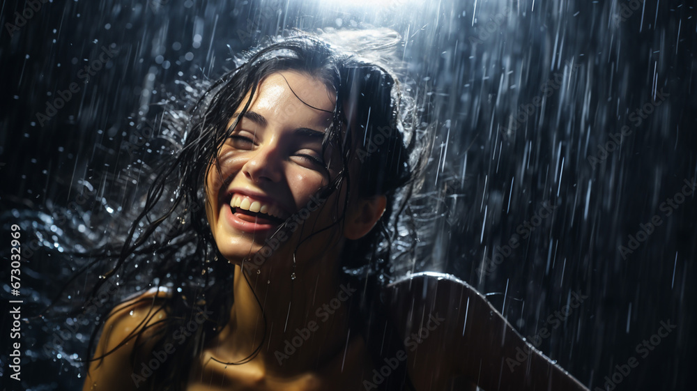 水に濡れる健康的な笑顔の女性