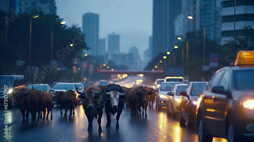 Water buffalo leading traffic, Bangkok backdrop.