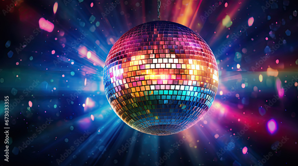 Obraz premium disco ball with lights, Glare and light reflection effect. Copy space.