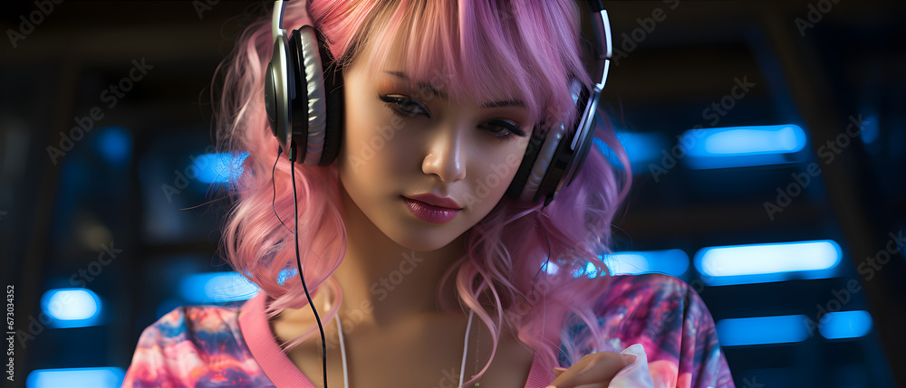 DJ Girl With Headphones At A Night Party. Illustration On The Theme Of Music And Office, Entertainment And Concerts. Generative AI DJ Girl With Headphones At A Night Party. Illustration On The Theme Of Music And Office, Entertainment And Concerts. Generative AI