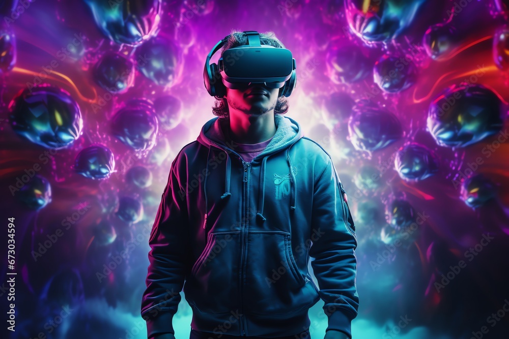 a man wears virtual reality headset in metaverse, future technology, digital native a man wears virtual reality headset in metaverse, future technology, digital native