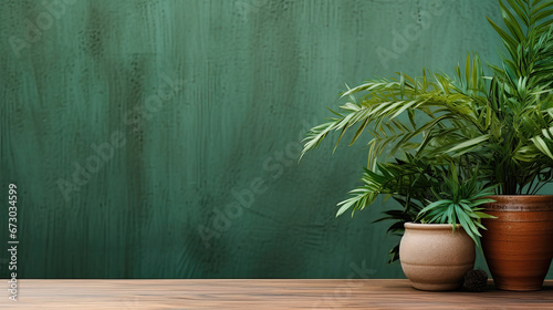 a minimalist green plants on a wooden table on a green background, copy space for text 