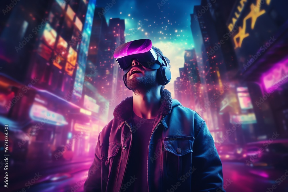 a man wears virtual reality headset in metaverse, future technology, digital native
