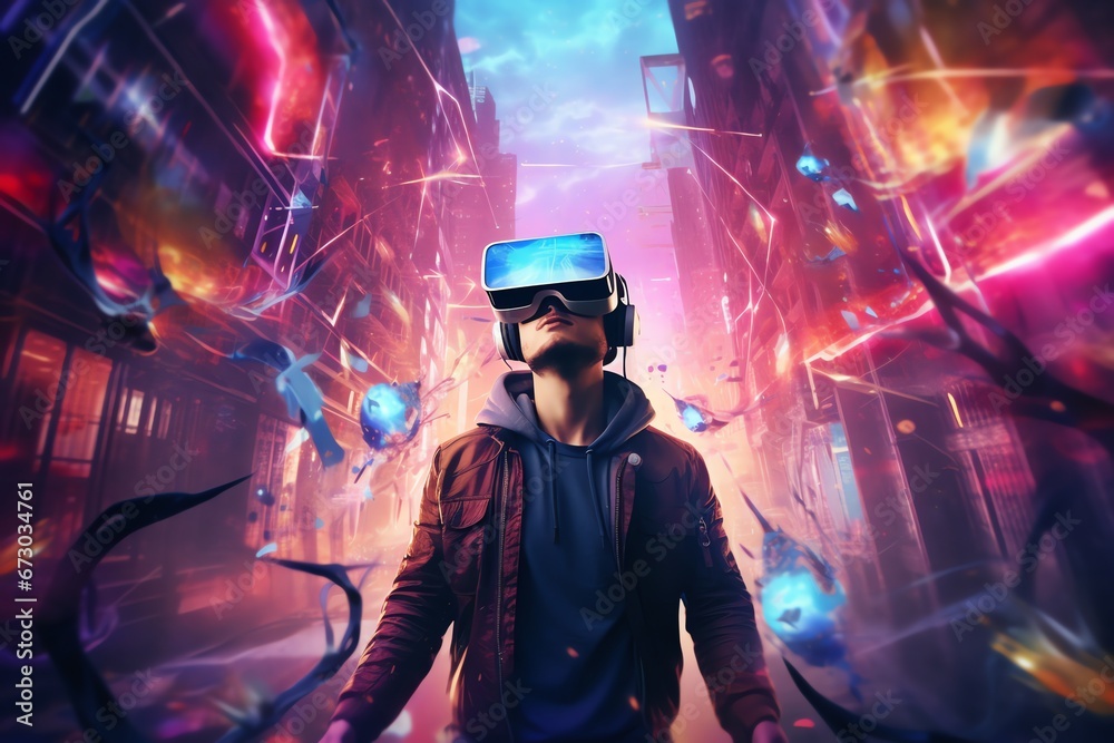 a man wears virtual reality headset in metaverse, future technology, digital native a man wears virtual reality headset in metaverse, future technology, digital native