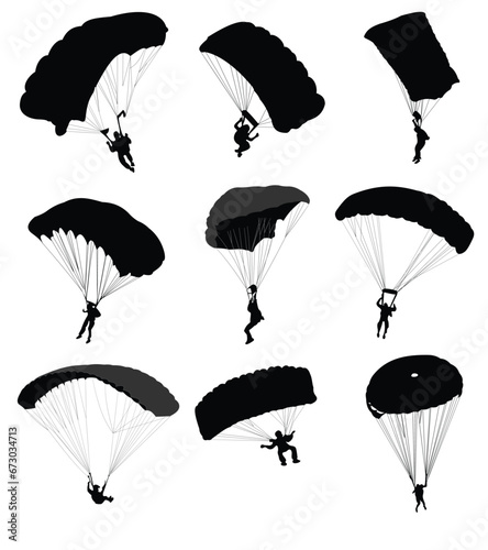 Fototapeta Naklejka Na Ścianę i Meble -  Big collection of parachutists in flight. Vector illustration
