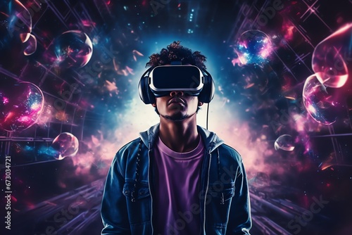 a man wears virtual reality headset in metaverse, future technology, digital native