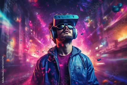 a man wears virtual reality headset in metaverse, future technology, digital native