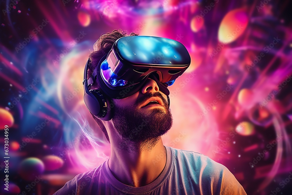 a man wears virtual reality headset in metaverse, future technology, digital native