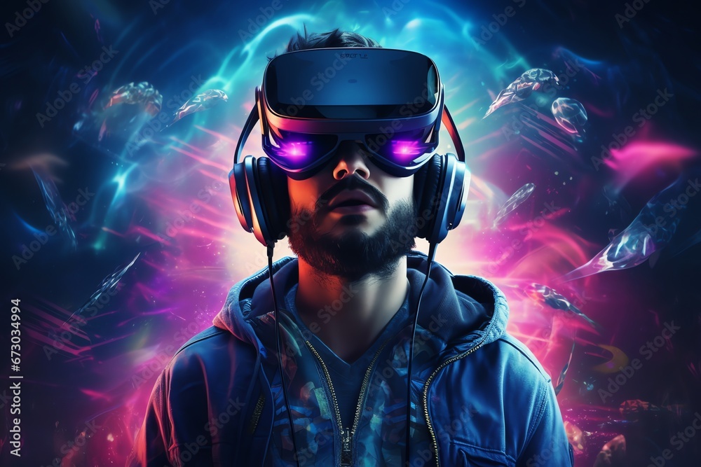 a man wears virtual reality headset in metaverse, future technology, digital native a man wears virtual reality headset in metaverse, future technology, digital native