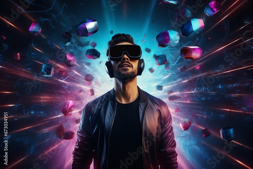 a man wears virtual reality headset in metaverse, future technology, digital native photo