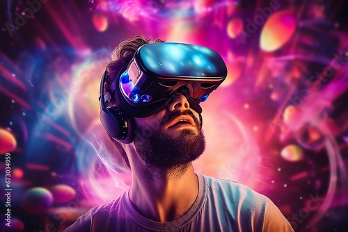 a man wears virtual reality headset in metaverse, future technology, digital native © fledermausstudio