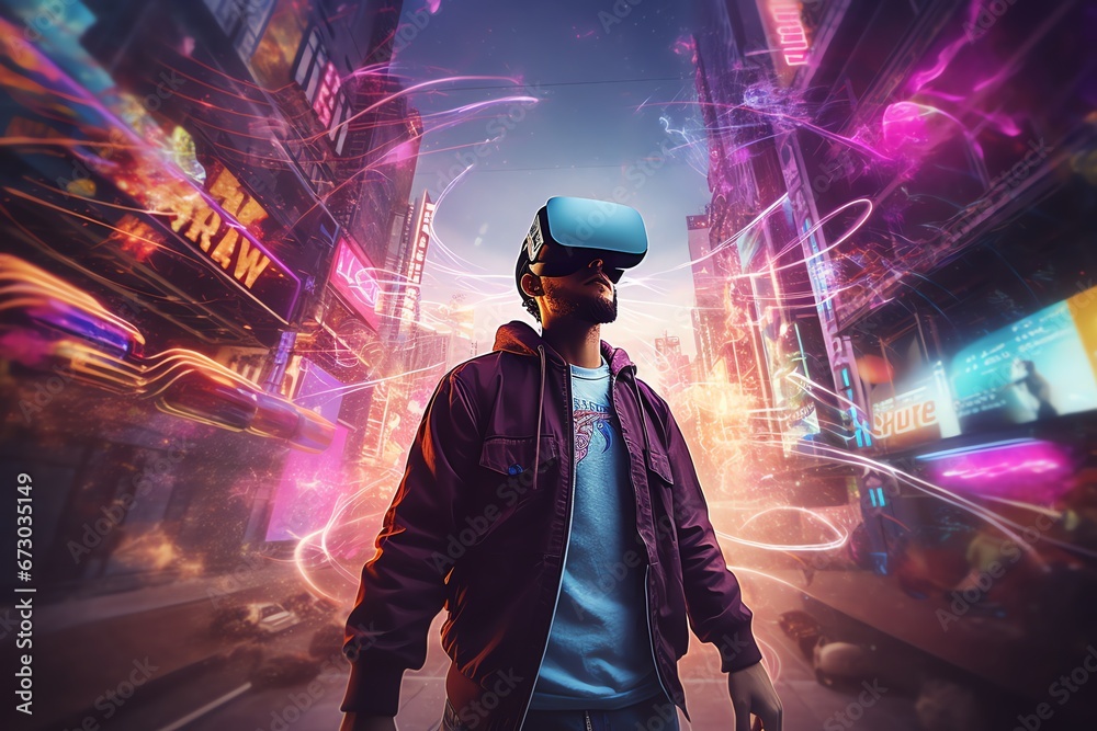 a man wears virtual reality headset in metaverse, future technology, digital native a man wears virtual reality headset in metaverse, future technology, digital native