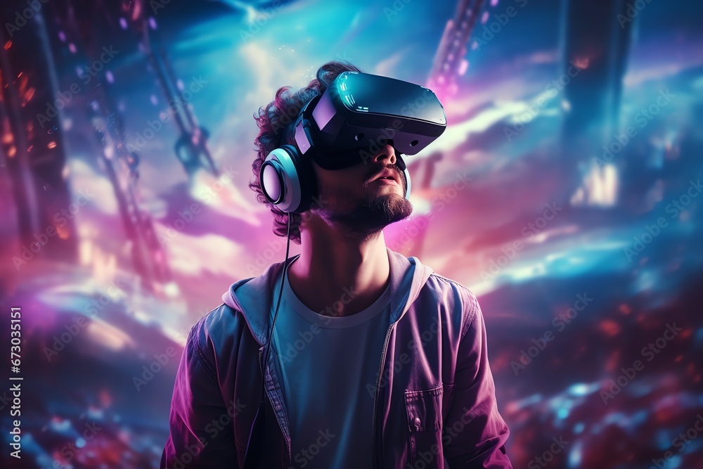 a man wears virtual reality headset in metaverse, future technology, digital native