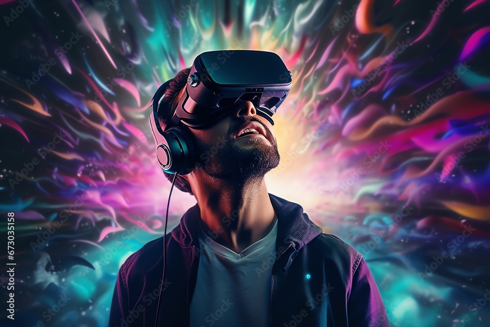 a man wears virtual reality headset in metaverse, future technology, digital native