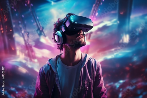 a man wears virtual reality headset in metaverse, future technology, digital native © fledermausstudio
