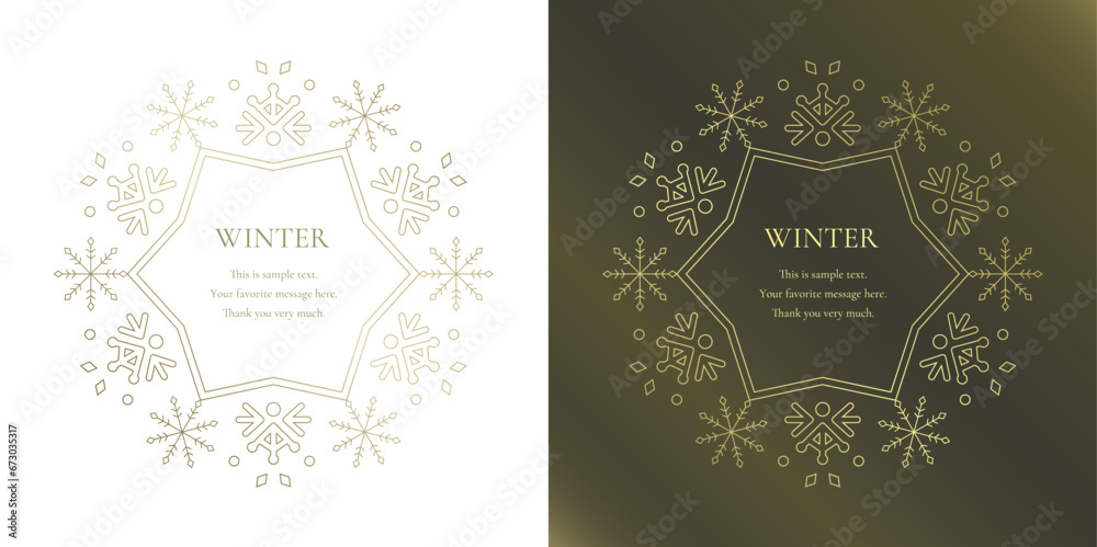Fototapeta premium 素材_フレームのセット_雪の結晶と光をモチーフにした冬の飾り枠。金色の高級感のある囲みのデザイン