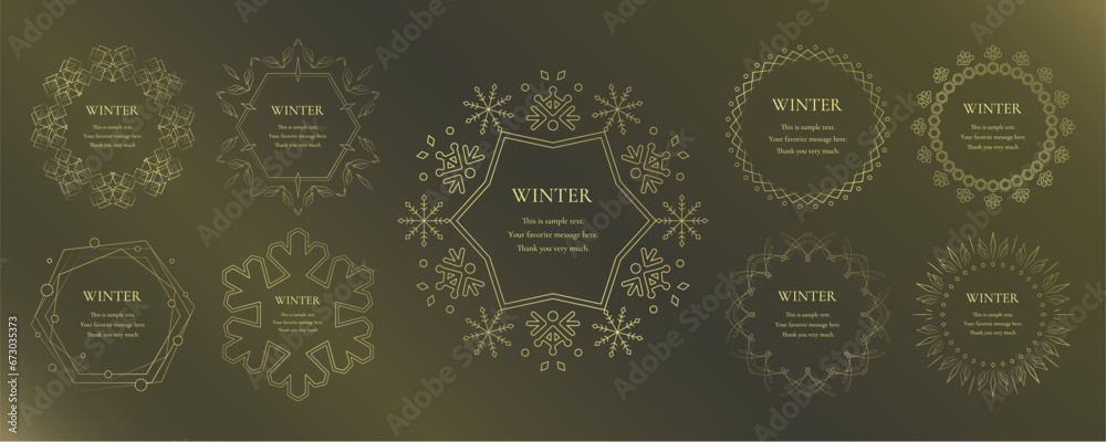 素材_フレームのセット_雪の結晶と光をモチーフにした冬の飾り枠。金色の高級感のある囲みのデザイン