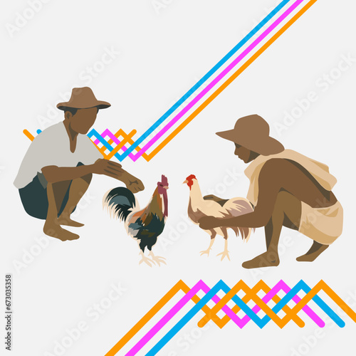 Cultural Encounter: Vector Scene of Sabongeros Preparing for the Cockfight