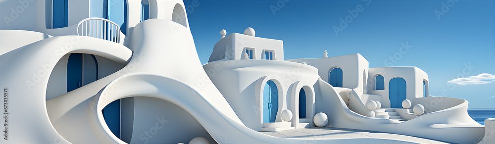 White Hotel Architecture With Plan Forms  Illustration on the theme of architecture and history, tourism and recreation. Generative AI - obrazy, fototapety, plakaty 