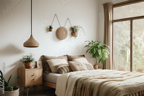 Cozy sustainable bedroom in natural colors with wooden cabinet furniture, stylish cabinet interior, two mockups and plants. Eco friendly home interior with boho lamp. photo