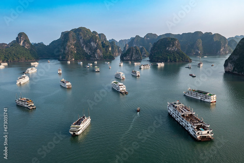 Aerial view from boats in Ha Long Bay of Vietnam at sunny day photo