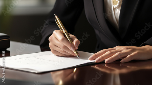 Close up of a business woman's hand writing on paper