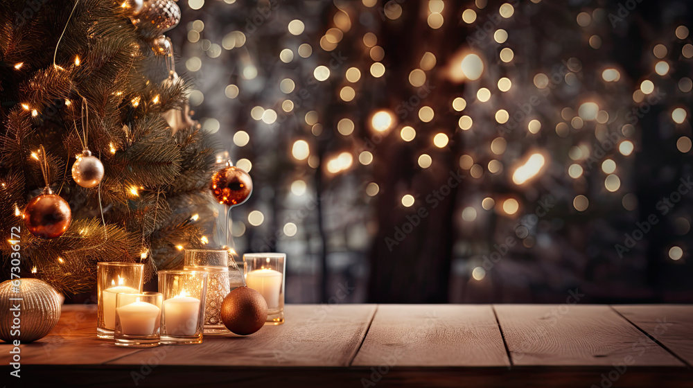 Festive wooden table background with Christmas tree lights outdoor, christmas tree with lights Festive wooden table background with Christmas tree lights outdoor, christmas tree with lights