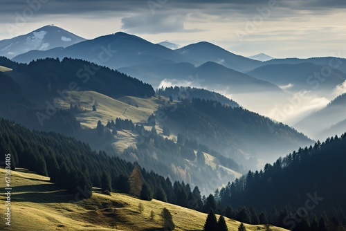 Generic mountain landscape, cloudy weather, spring green meadow, Carpathian Mountains scenic image.