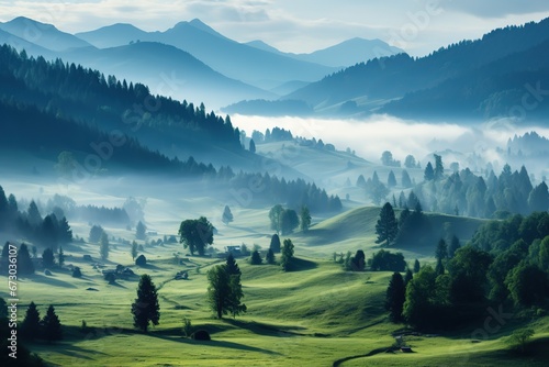 Generic mountain landscape, cloudy weather, spring green meadow, Carpathian Mountains scenic image.