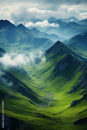 Generic mountain landscape, cloudy weather, spring green meadow, Carpathian Mountains scenic image.