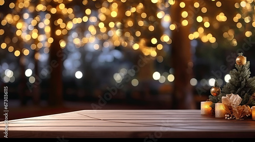 Festive wooden table background with Christmas tree lights outdoor, christmas tree with lights