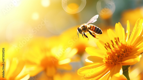 bee and beautiful yellow flower spring summer season © Yuwarin