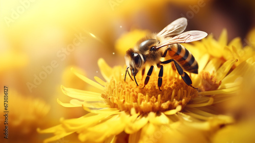 bee and beautiful yellow flower spring summer season © Yuwarin
